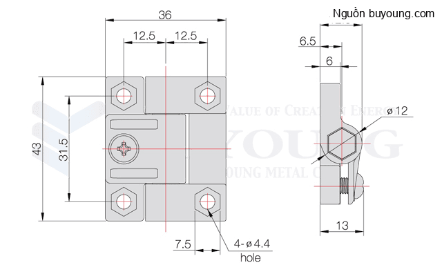Bản vẽ kỹ thuật Bản Lề Nhựa Polyacetal Màu Đen Buyoung 36x43 BYHL079