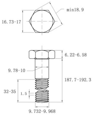 Bản vẽ kỹ thuật Bulong Thép Đen 8.8 DIN931 M10x190 Ren Lửng