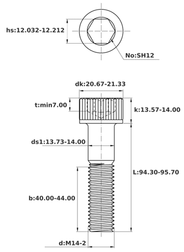 Bản vẽ kỹ thuật Lục Giác Chìm Đầu Trụ Thép Đen 12.9 DIN912 M14x95 Ren Lửng