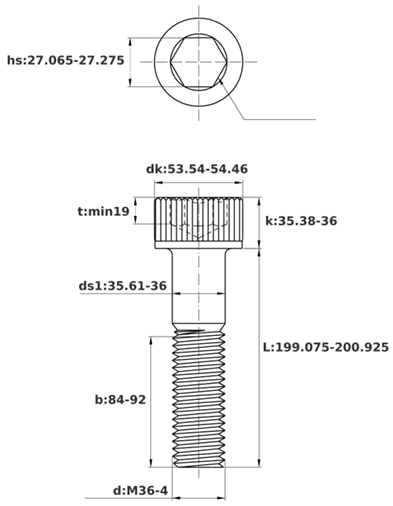 Bản vẽ kỹ thuật Lục Giác Chìm Đầu Trụ Thép Đen 12.9 DIN912 M36x200 Ren Lửng