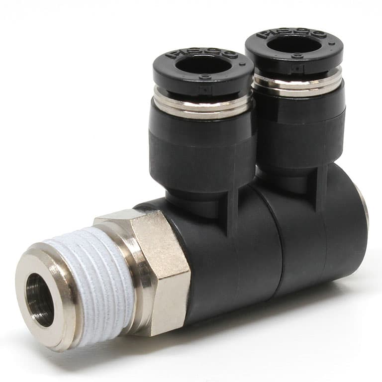 Đầu Nối Nhanh Khí Nén Hai Nhánh Cong 90° Thân Lục Giác Trụ Ren Ngoài Pisco PHW6-02