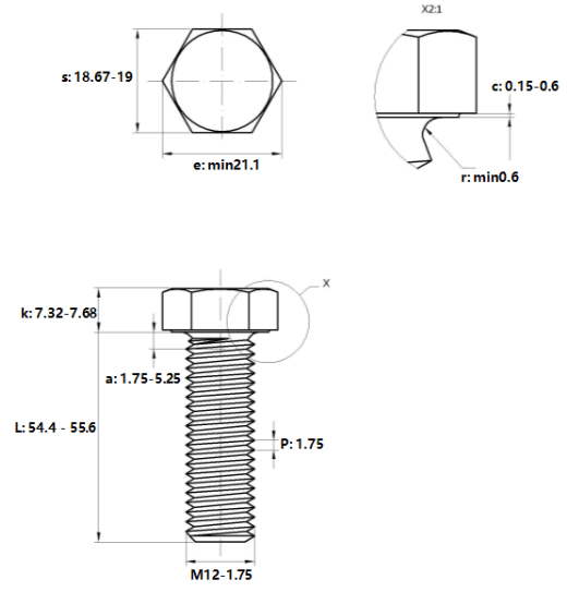 Bản vẽ kỹ thuật Bulong Thép Đen 10.9 DIN933 M12x55