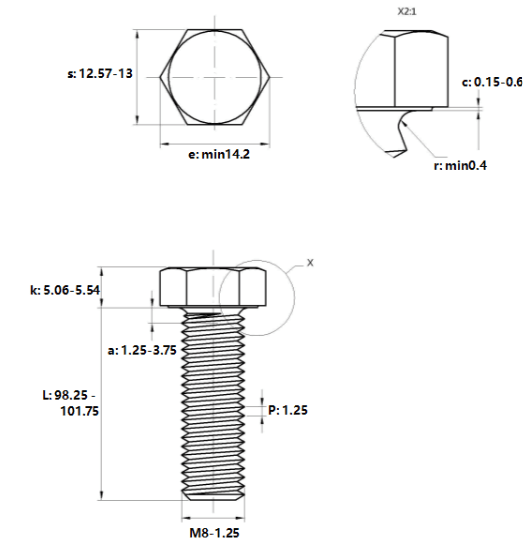 Bản vẽ kỹ thuật Bulong Thép Đen 8.8 DIN933 M8x100
