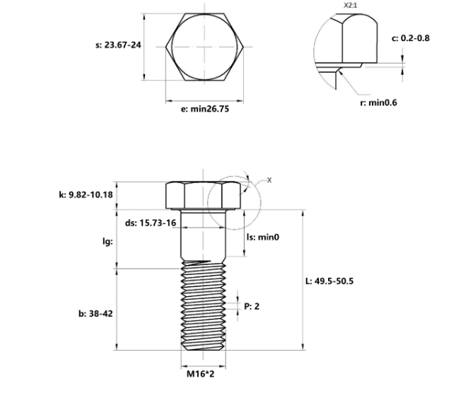 Bản vẽ kỹ thuật Bulong Thép Đen 8.8 DIN931 M16x50 Ren Lửng