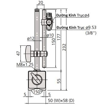 Bản vẽ kỹ thuật Đế từ tính Mitutoyo 7011S-10 (ø4mm,ø8mm,ø9.53mm)