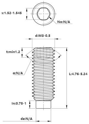Bản vẽ kỹ thuật Vít Trí Đuôi Trụ Thép Đen 12.9 DIN915 M3x5