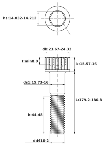 Bản vẽ kỹ thuật Lục Giác Chìm Đầu Trụ Thép Mạ Geomet 12.9 DIN912 M16x180 Ren Lửng