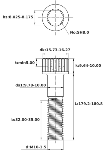 Bản vẽ kỹ thuật Lục Giác Chìm Đầu Trụ Thép Đen 12.9 DIN912 M10x180 Ren Lửng