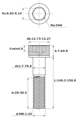 Bản vẽ kỹ thuật Lục Giác Chìm Đầu Trụ Thép Đen 12.9 DIN912 M8x150 Ren Lửng