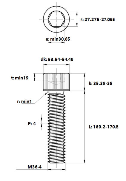 Bản vẽ kỹ thuật Lục Giác Chìm Đầu Trụ Thép Đen 12.9 DIN912 M36x170