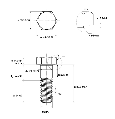 Bản vẽ kỹ thuật Bulong Thép Đen 10.9 DIN931 M24x90 Ren Lửng