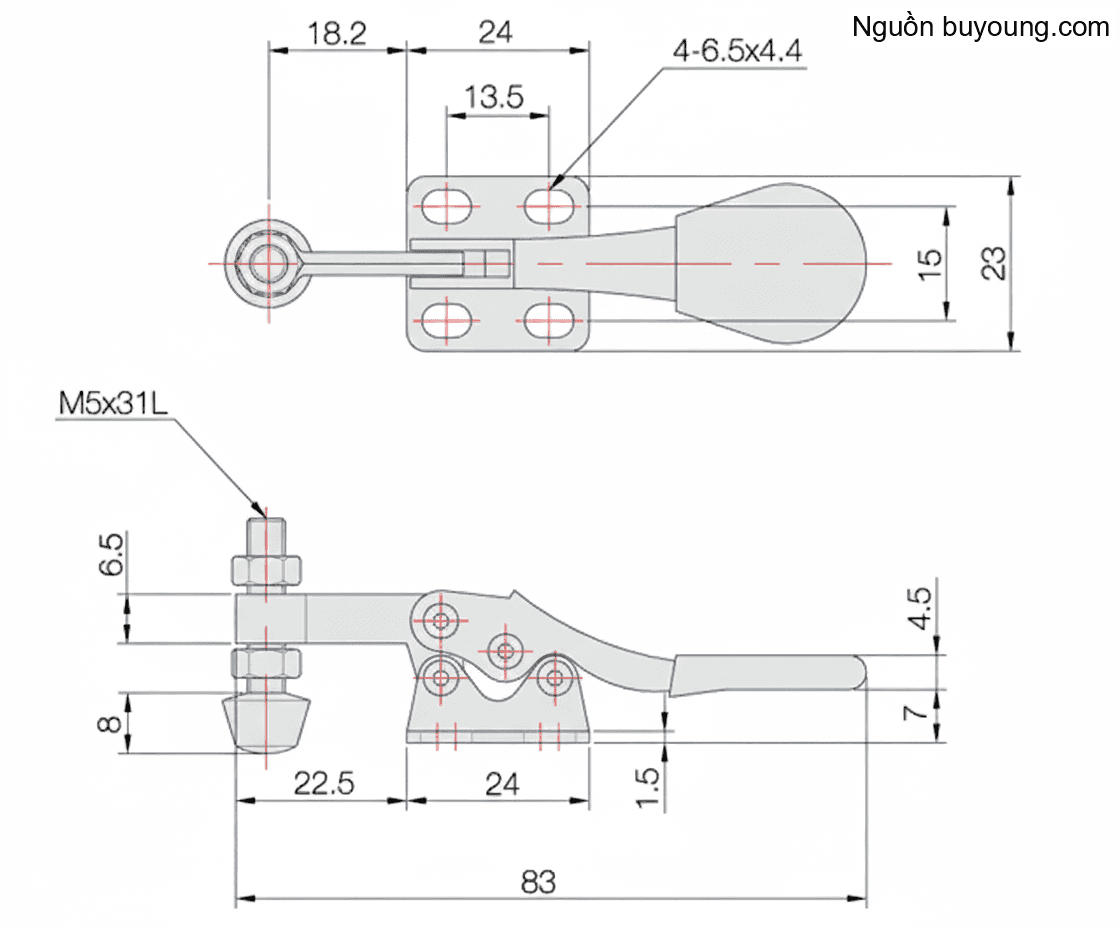 Bản vẽ kỹ thuật Kẹp Định Vị Thép Không Gỉ (30KG) Buyoung 003-25FS-L