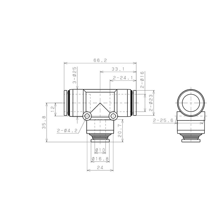 Bản vẽ kỹ thuật Đầu Nối Nhanh Khí Nén Chữ T Dạng Nối Giảm Pisco PEG16-10
