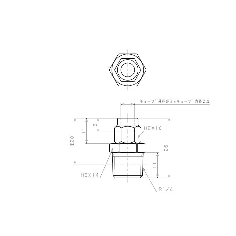 Bản vẽ kỹ thuật Đầu Ngạnh Nối Ống Có Đai Ốc Xiết Dạng Thẳng Thân Lục Giác Ren Ngoài Pisco NKC0640-02