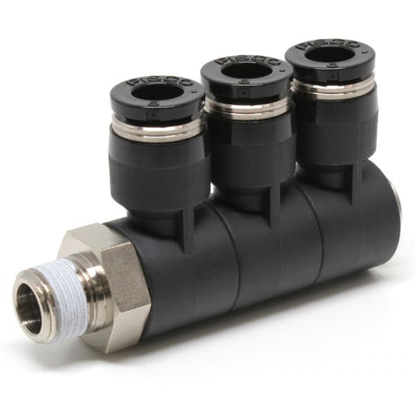 Đầu Nối Nhanh Khí Nén Ba Nhánh Cong 90° Thân Lục Giác Trụ Ren Ngoài Pisco PHT6-01