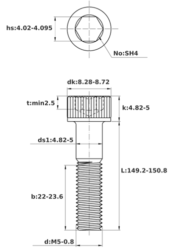 Bản vẽ kỹ thuật Lục Giác Chìm Đầu Trụ Thép Đen 12.9 DIN912 M5x150 Ren Lửng