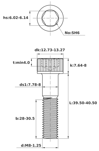 Bản vẽ kỹ thuật Lục Giác Chìm Đầu Trụ Thép Đen 12.9 DIN912 M8x40 Ren Lửng