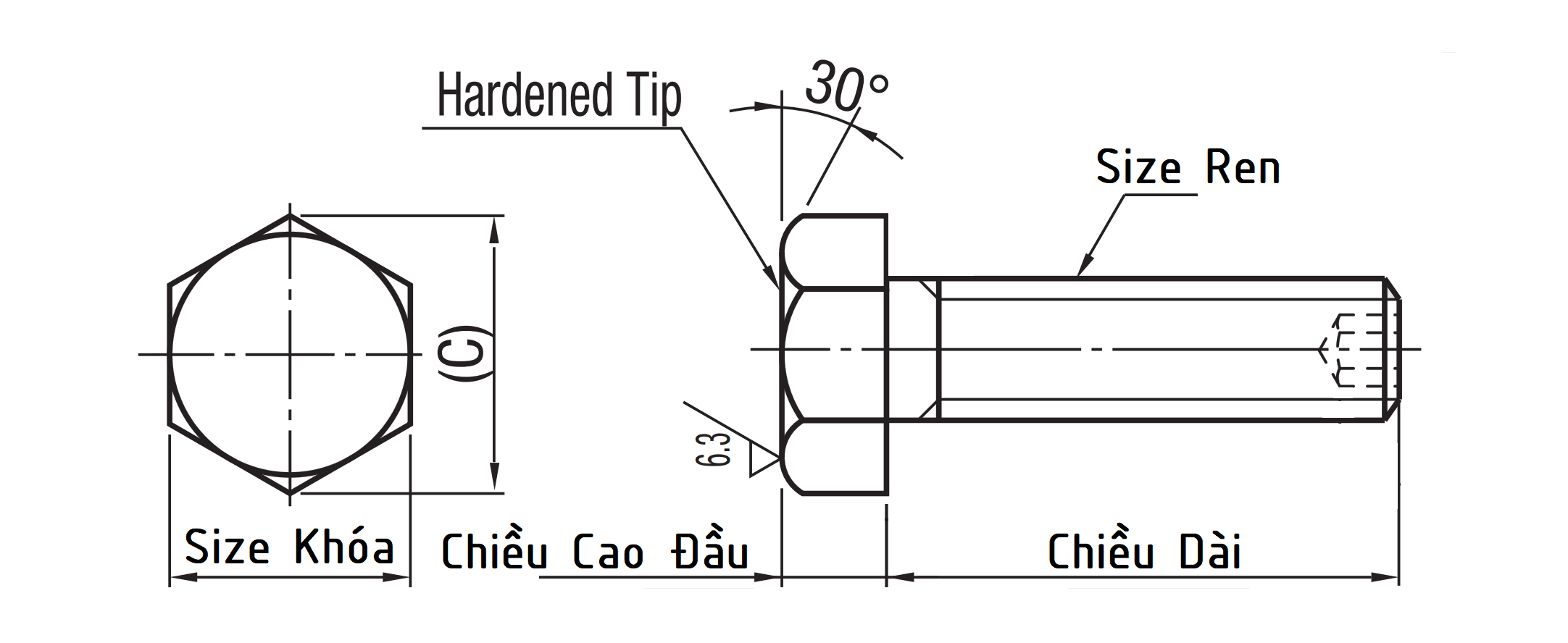 Bản vẽ kỹ thuật Bulong Chặn Thép Đen SCM435 M12x1.0x65 STRCC12-65 Ren Nhuyễn (Type Hex Socket)