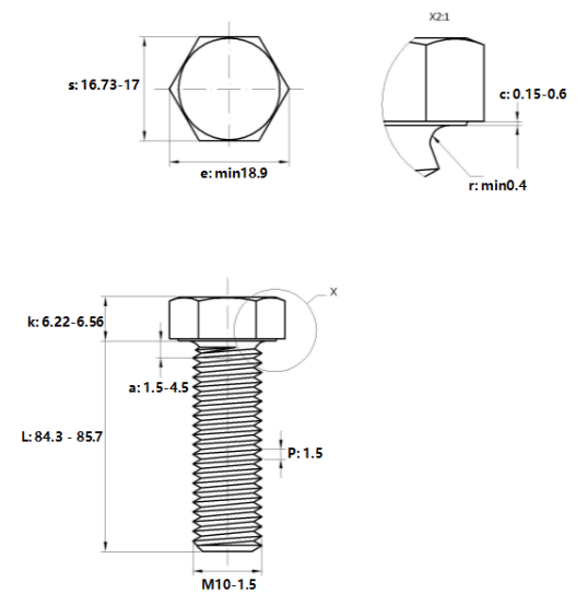 Bản vẽ kỹ thuật Bulong Thép Đen 8.8 DIN933 M10x85