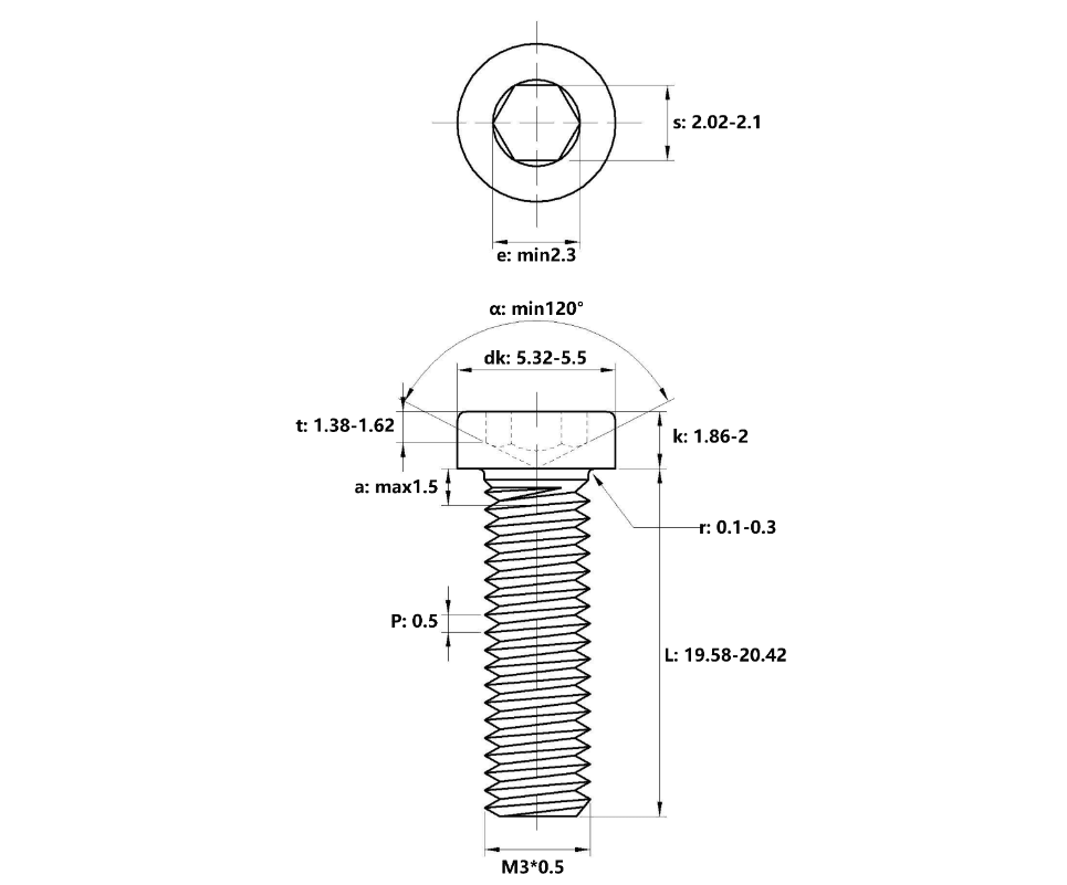 Bản vẽ kỹ thuật Lục Giác Trụ Đầu Thấp Inox 304 DIN7984 M3x20