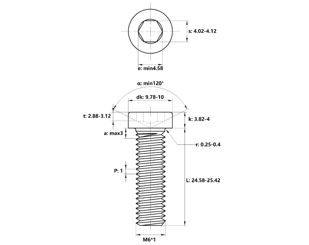 Bản vẽ kỹ thuật Lục Giác Trụ Đầu Thấp Thép Đen 12.9 DIN7984 M6x25