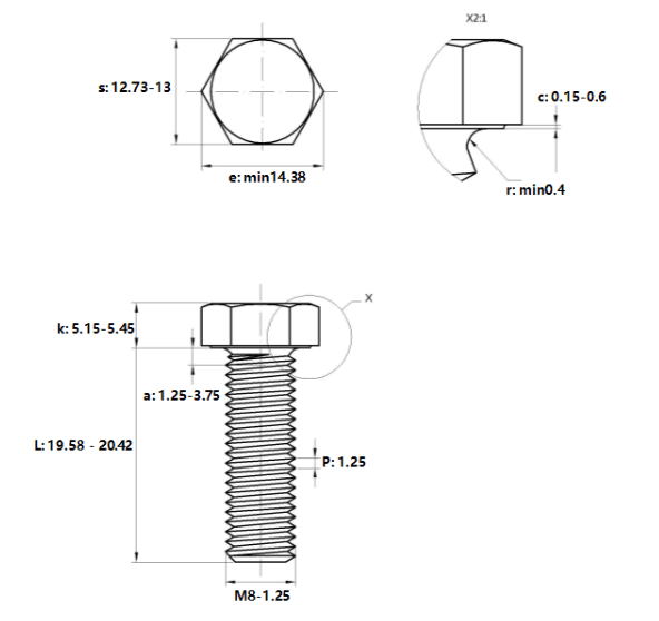 Bản vẽ kỹ thuật Bulong Thép Đen 8.8 DIN933 M8x20