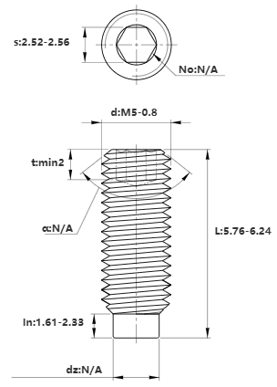 Bản vẽ kỹ thuật Vít Trí Đuôi Trụ Thép Đen 10.9 DIN915 M5x6