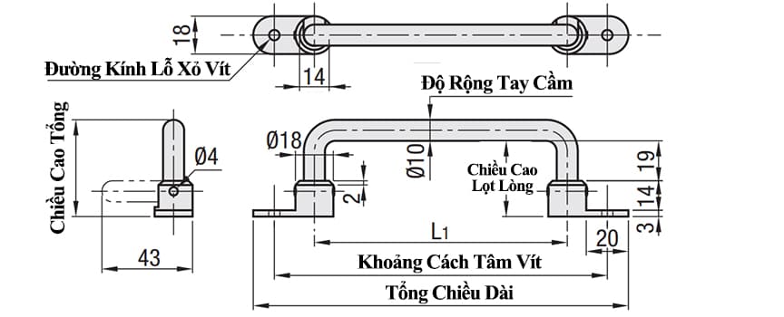 Bản vẽ kỹ thuật Tay Nắm Cửa Chữ U Dạng Gập Inox 304 Đánh Bóng Phi 18 mm x L 180 mm (UWFASNS180)