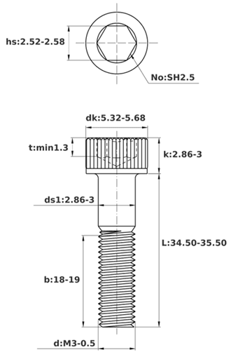 Bản vẽ kỹ thuật Lục Giác Chìm Đầu Trụ Thép Đen 12.9 DIN912 M3x35 Ren Lửng