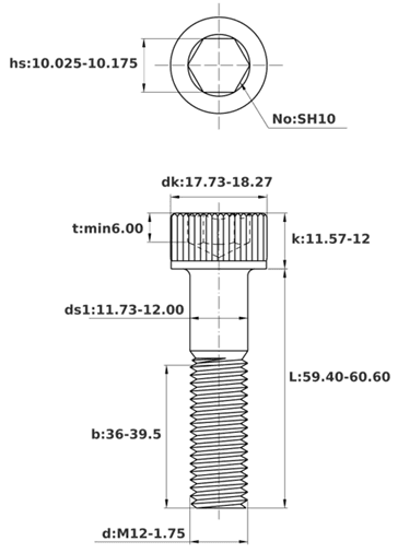 Bản vẽ kỹ thuật Lục Giác Chìm Đầu Trụ Thép Đen 12.9 DIN912 M12x60 Ren Lửng