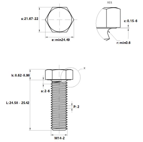 Bản vẽ kỹ thuật Bulong Inox 316 DIN933 M14x25