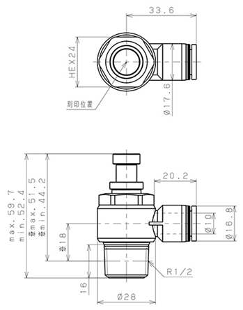 Bản vẽ kỹ thuật Van Tiết Lưu Khí Nén Cong 90° OD 10mm Ren Ngoài R1/2 Pisco JSC10-04A