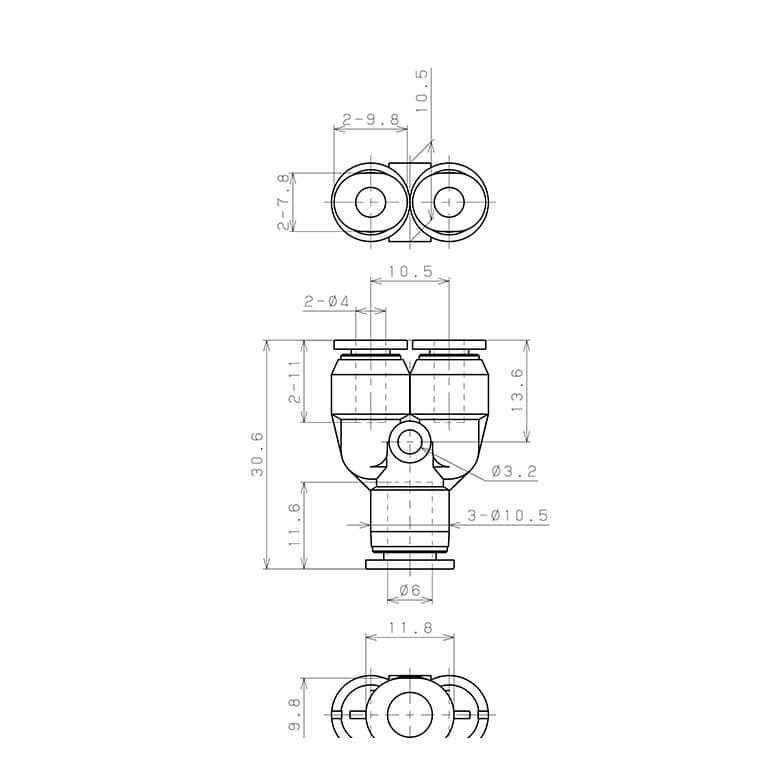 Bản vẽ kỹ thuật Đầu Nối Nhanh Khí Nén Chữ Y Dạng Nối Giảm Pisco PW6-4MW