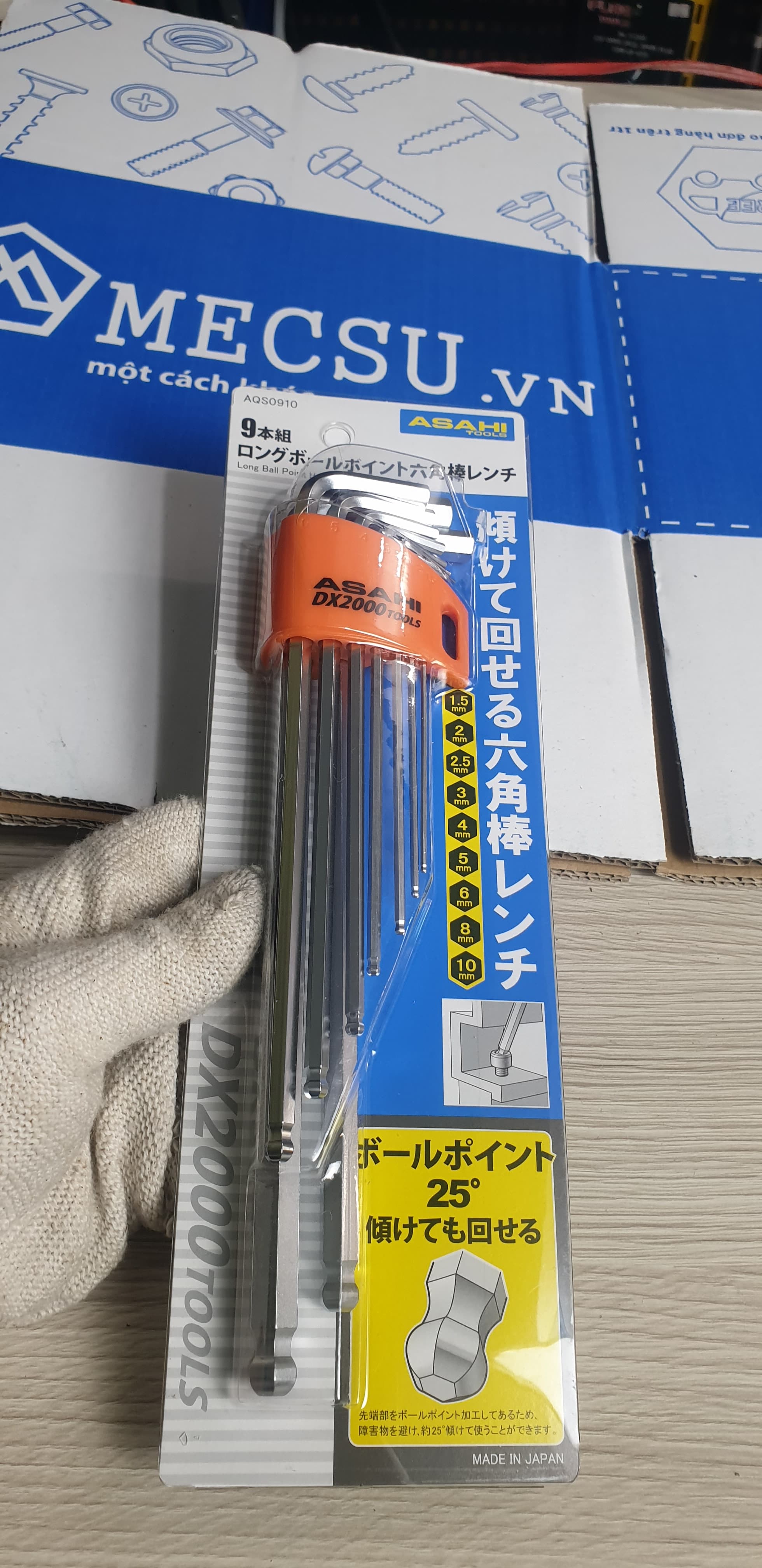 Bộ Cây Vặn Lục Giác Bi Loại Dài 9 Chi Tiết 1.5-10mm Asahi AQS0910