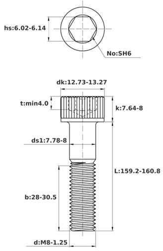 Bản vẽ kỹ thuật Lục Giác Chìm Đầu Trụ Thép Đen 12.9 DIN912 M8x160 Ren Lửng