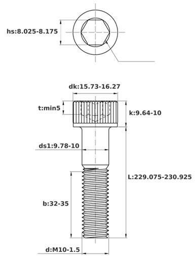 Bản vẽ kỹ thuật Lục Giác Chìm Đầu Trụ Thép Đen 12.9 DIN912 M10x230 Ren Lửng
