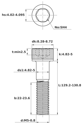Bản vẽ kỹ thuật Lục Giác Chìm Đầu Trụ Thép Đen 12.9 DIN912 M5x130 Ren Lửng