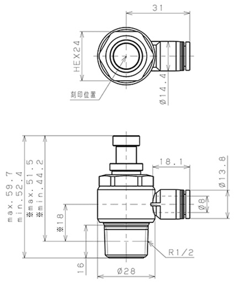 Bản vẽ kỹ thuật Van Tiết Lưu Khí Nén Cong 90° OD 8mm Ren Ngoài R1/2 Pisco JSC8-04A