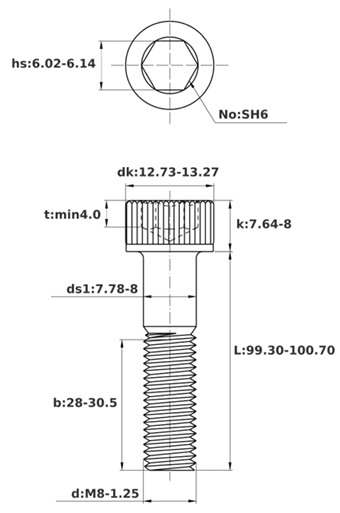 Bản vẽ kỹ thuật Lục Giác Chìm Đầu Trụ Inox 304 DIN912 M8x100 Ren Lửng