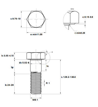 Bản vẽ kỹ thuật Bulong Thép Đen 8.8 DIN931 M6x130 Ren Lửng