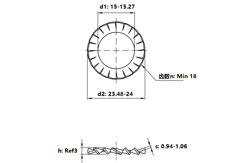 Bản vẽ kỹ thuật Lông Đền Răng Ngoài Loại A Thép Mạ Kẽm DIN6798A M14