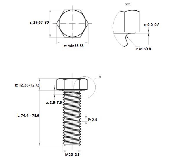Bản vẽ kỹ thuật Bulong Thép Đen 8.8 DIN933 M20x75