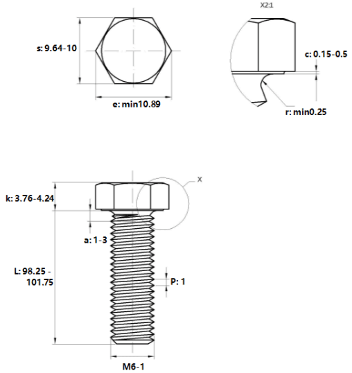 Bản vẽ kỹ thuật Bulong Thép Đen 8.8 DIN933 M6x100