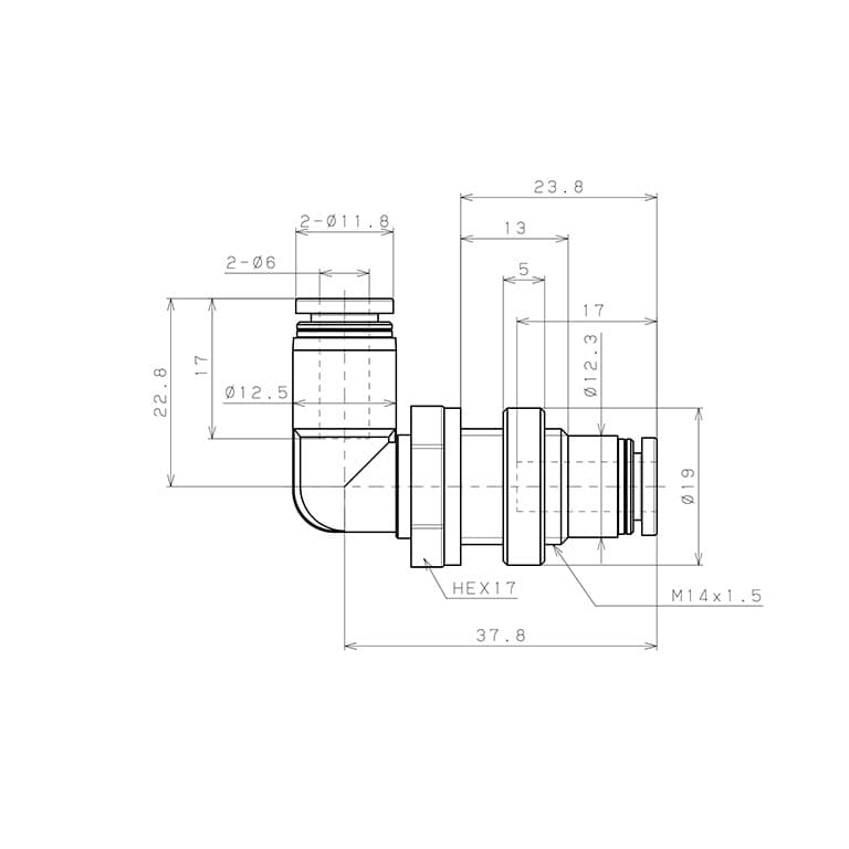 Bản vẽ kỹ thuật Đầu Nối Nhanh Khí Nén Cong 90° Ren Ngoài Lắp Kẹp Vách Pisco PML6