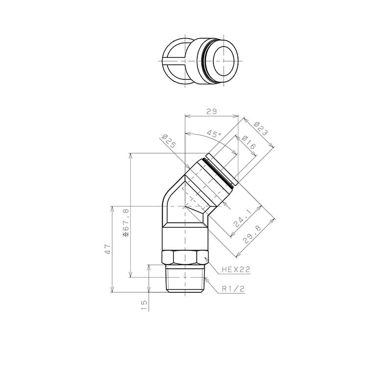 Bản vẽ kỹ thuật Đầu Nối Nhanh Khí Nén Dạng Cong 45° Ren Ngoài Pisco PLH16-04