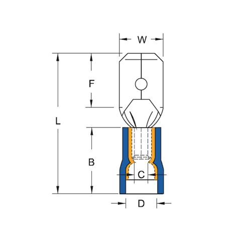 Bản vẽ kỹ thuật Đầu Cosse Đực Bọc Nhựa  Cách Điện KST MDD5-250