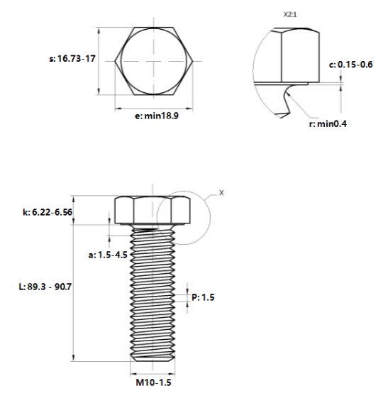 Bản vẽ kỹ thuật Bulong Thép Đen 8.8 DIN933 M10x90