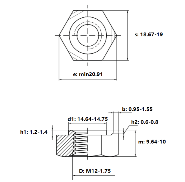 Bản vẽ kỹ thuật Tán Hàn Lục Giác Thép Mạ Kẽm Trắng Cr3+ DIN929 M12