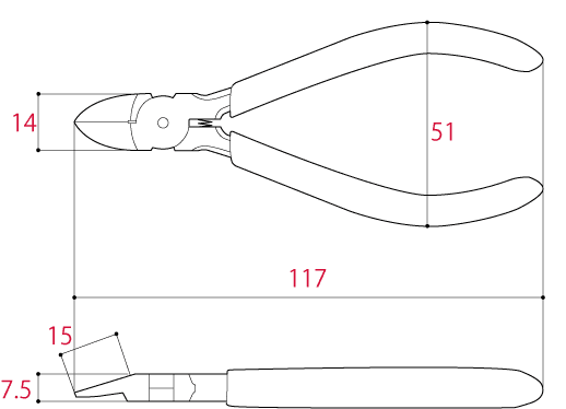 Bản vẽ kỹ thuật Kìm Cắt Nhựa Lưỡi Phẳng 117mm Tsunoda PN-115F