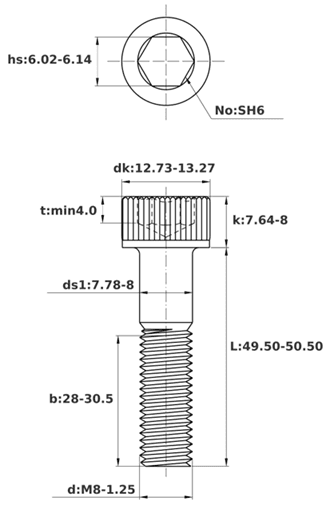 Bản vẽ kỹ thuật Lục Giác Chìm Đầu Trụ Thép Đen 12.9 DIN912 M8x50 Ren Lửng